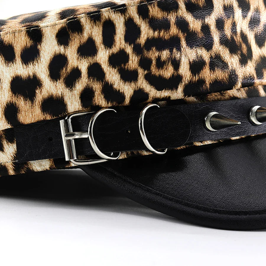 Punky Leopard Leather Sailor Cap