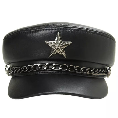 Golden Star Black Genuine Leather Sailor Cap