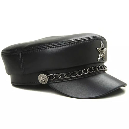 Golden Star Black Genuine Leather Sailor Cap