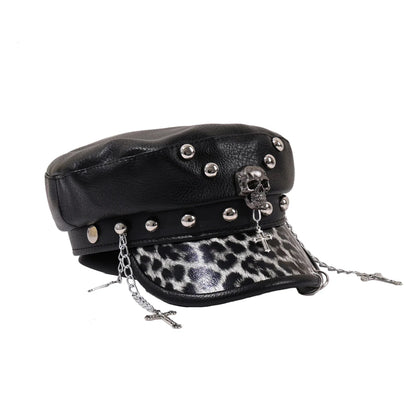 Holy Death Steampunk Black Leather Sailor Cap