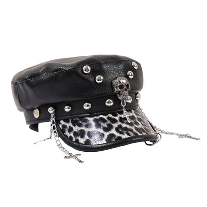 Holy Death Steampunk Black Leather Sailor Cap
