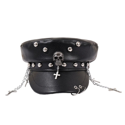 Holy Death Steampunk Black Leather Sailor Cap