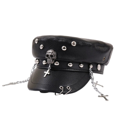 Holy Death Steampunk Black Leather Sailor Cap