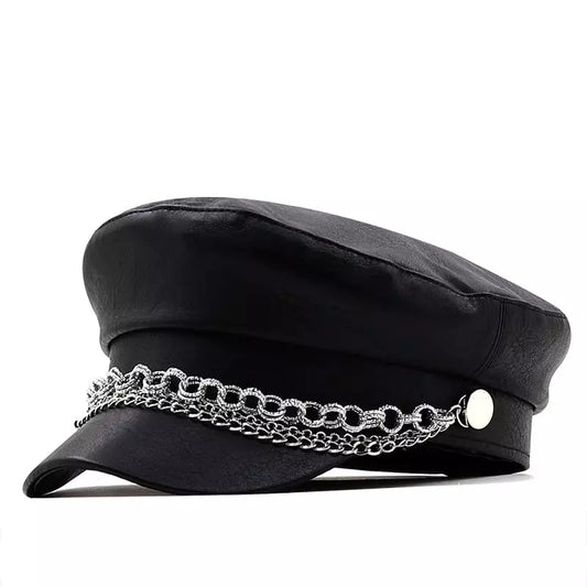 Silver Chain Leather Sailor Cap